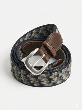 BISON DESIGNS Woven Web Belt Leather Trim Geometric Navy Olive Size 38